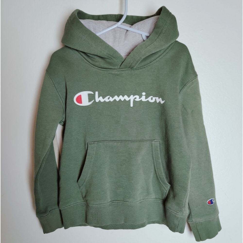 Boys' Champion Green Beige Racing Stripe Hoodie Sweatshirt, Size S
